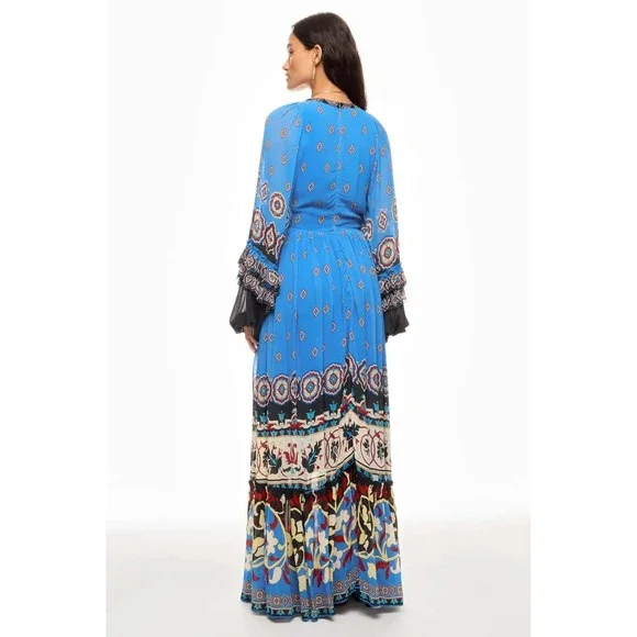 FARM Rio Ainka Tiles Dress Blue Floral Maxi Long Sleeve V-Neck Boho Sz XS - Picture 2 of 10